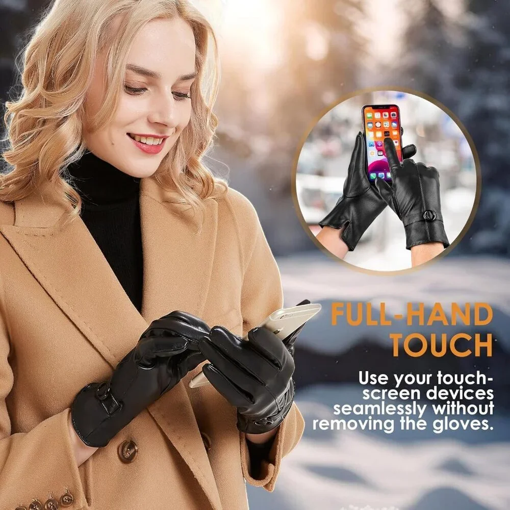 Women's Black Lambskin Leather Gloves Warm Touchscreen Winter Driving Gift